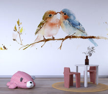 Load image into Gallery viewer, Watercolor Birds Wall Decal • Kissing Birds Wall Sticker • Nursery Bird Mural • Cute Animal Wall Art • Kids Room Decor • Peel &amp; Stick Decal