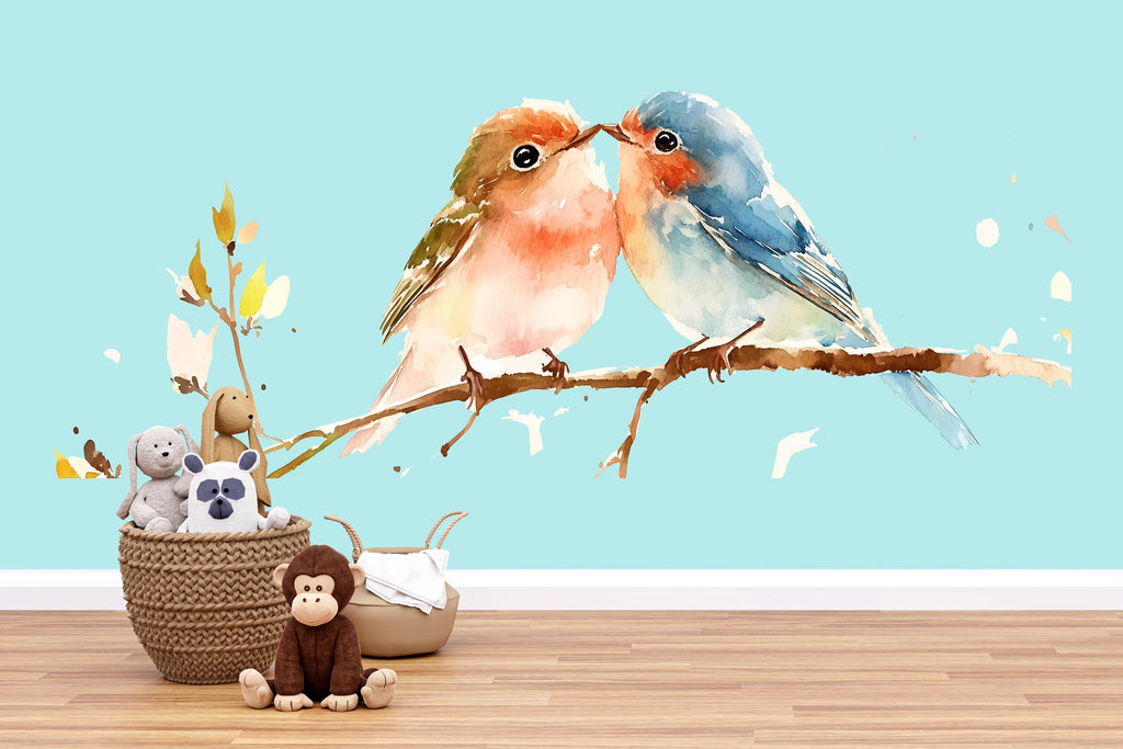 Watercolor Birds Wall Decal • Kissing Birds Wall Sticker • Nursery Bird Mural • Cute Animal Wall Art • Kids Room Decor • Peel & Stick Decal