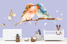 Load image into Gallery viewer, Watercolor Birds Wall Decal • Kissing Birds Wall Sticker • Nursery Bird Mural • Cute Animal Wall Art • Kids Room Decor • Peel &amp; Stick Decal