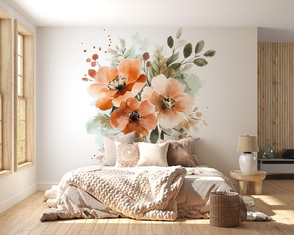 Watercolor Floral Wall Decal • Large Flower Mural Sticker for Bedroom • Boho Botanical Wall Art • Peel & Stick Floral Decor • Removable Wall