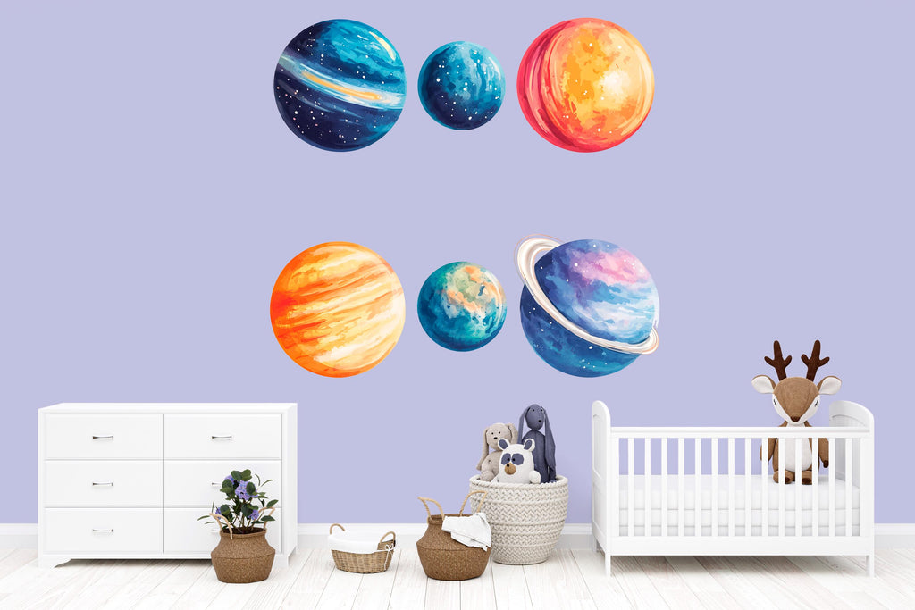 Kids Planet Wall Decal Set • Watercolor Space Theme Stickers • Nursery Galaxy Decor • Classroom Solar System Wall Art • Peel & Stick Room