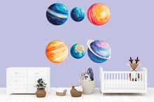 Load image into Gallery viewer, Kids Planet Wall Decal Set • Watercolor Space Theme Stickers • Nursery Galaxy Decor • Classroom Solar System Wall Art • Peel &amp; Stick Room