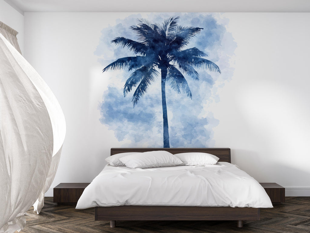 Blue Watercolor Palm Tree Wall Decal • Tropical Bedroom Wall Art • Large Palm Tree Sticker Mural • Coastal Home Decor • Peel & Stick Wall