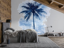 Load image into Gallery viewer, Blue Watercolor Palm Tree Wall Decal • Tropical Bedroom Wall Art • Large Palm Tree Sticker Mural • Coastal Home Decor • Peel &amp; Stick Wall