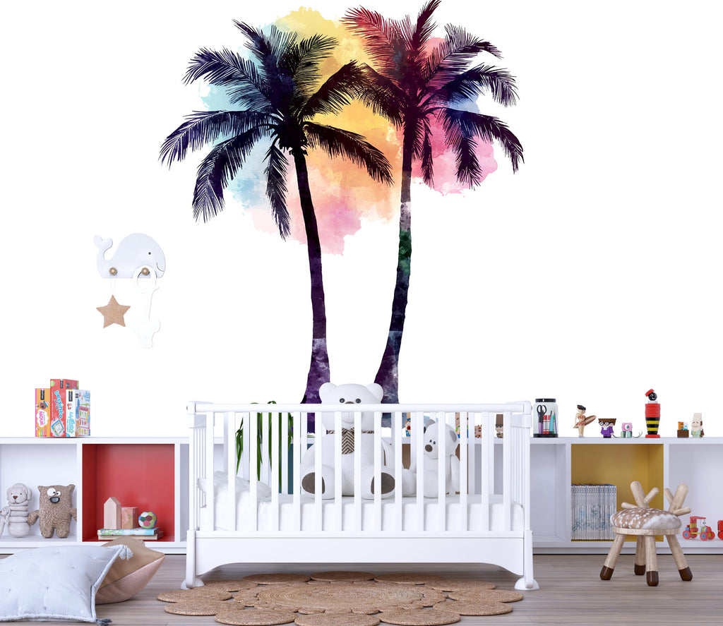 Rainbow Watercolor Palm Tree Wall Decal • Tropical Nursery Wall Art • Large Palm Tree Sticker • Kids Room Decor • Peel & Stick Tropical