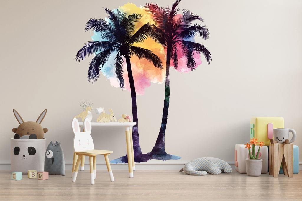 Rainbow Watercolor Palm Tree Wall Decal • Tropical Nursery Wall Art • Large Palm Tree Sticker • Kids Room Decor • Peel & Stick Tropical