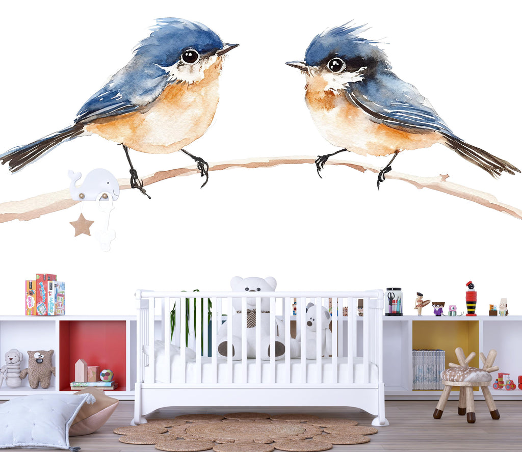 Watercolor Birds Wall Decal • Blue Bird Nursery Wall Sticker • Baby Room Wall Mural • Kids Room Decor • Bird Branch Peel & Stick Decal