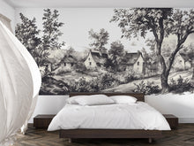 Load image into Gallery viewer, Vintage Black and White Countryside Wall Decal • Scenic Landscape Wall Sticker • Large French Village Mural for Bedroom, Nursery Home Decor