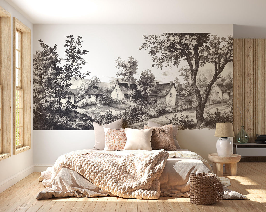 Vintage Black and White Countryside Wall Decal • Scenic Landscape Wall Sticker • Large French Village Mural for Bedroom, Nursery Home Decor