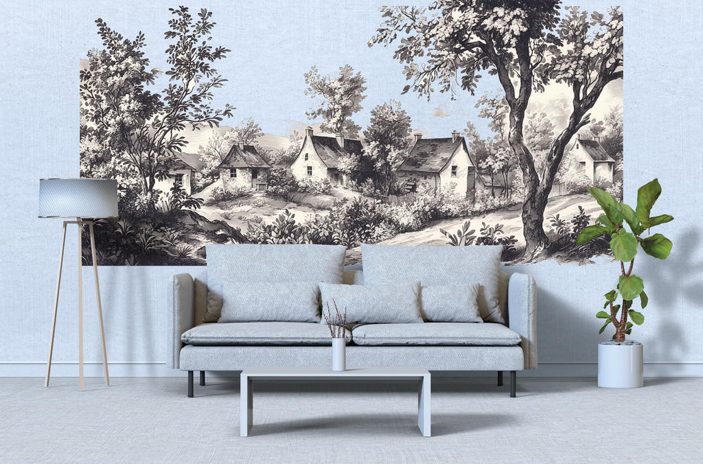 Vintage Black and White Countryside Wall Decal • Scenic Landscape Wall Sticker • Large French Village Mural for Bedroom, Nursery Home Decor