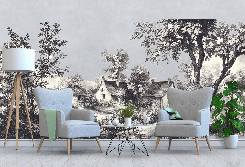 Vintage Black and White Countryside Wall Decal • Scenic Landscape Wall Sticker • Large French Village Mural for Bedroom, Nursery Home Decor