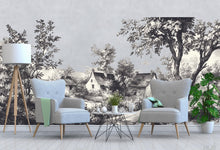 Load image into Gallery viewer, Vintage Black and White Countryside Wall Decal • Scenic Landscape Wall Sticker • Large French Village Mural for Bedroom, Nursery Home Decor