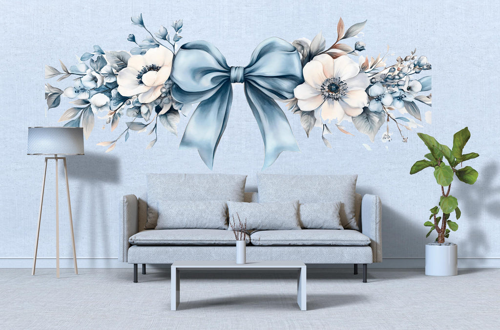 Large Blue Floral Bow Wall Decal • Elegant Flower Wall Sticker for Bedroom & Nursery • Oversized Watercolor Mural • Removable Home Decor
