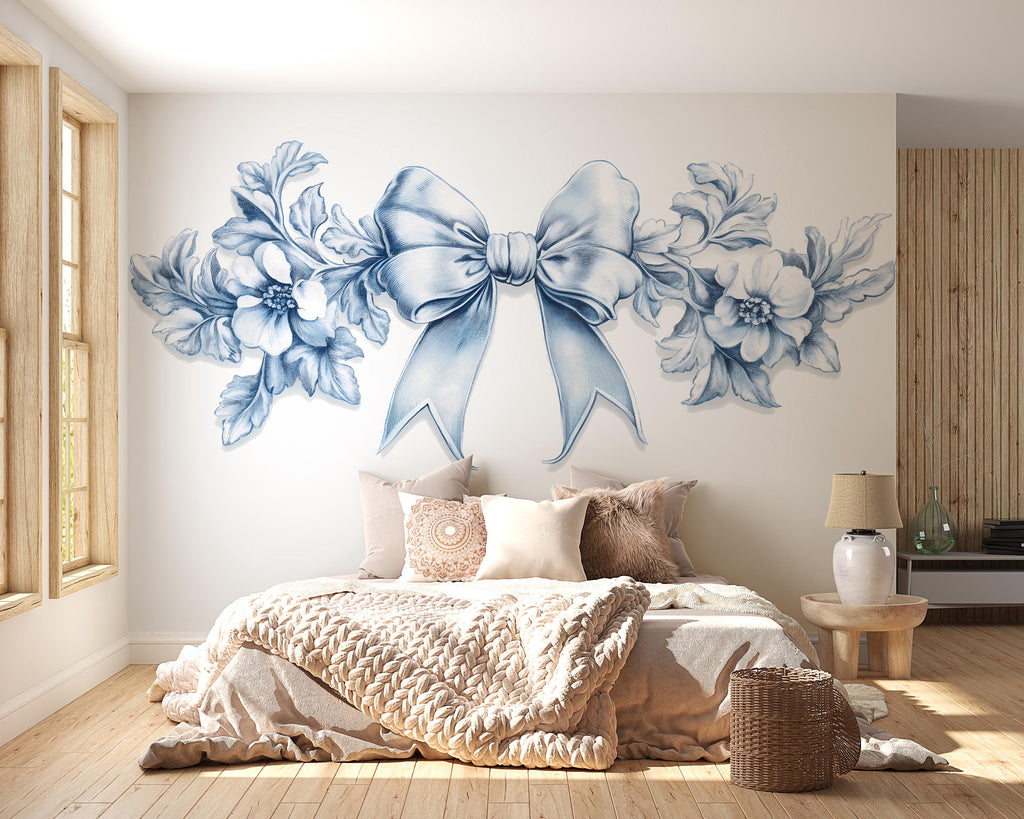 Large Blue Bow Floral Wall Decal • Elegant Watercolor Flower Wall Sticker for Bedroom & Nursery • Oversized Mural • Removable Home Decor
