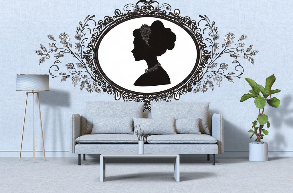 Victorian Lady Silhouette Wall Decal • Elegant Vintage Portrait Wall Sticker • Large Baroque Frame Mural • Bedroom & Living Room Home Decor