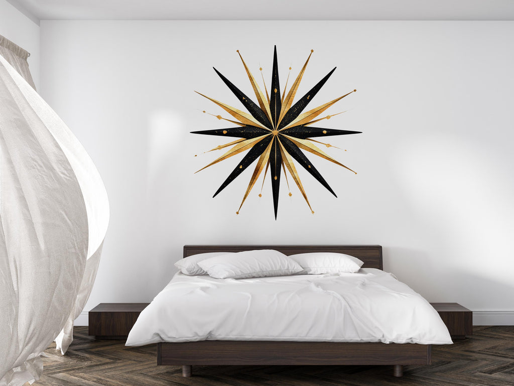 Gold Black Starburst Wall Decal • Large Modern Geometric Wall Sticker • Luxury Bedroom Feature Wall • Peel & Stick Removable Mural Art