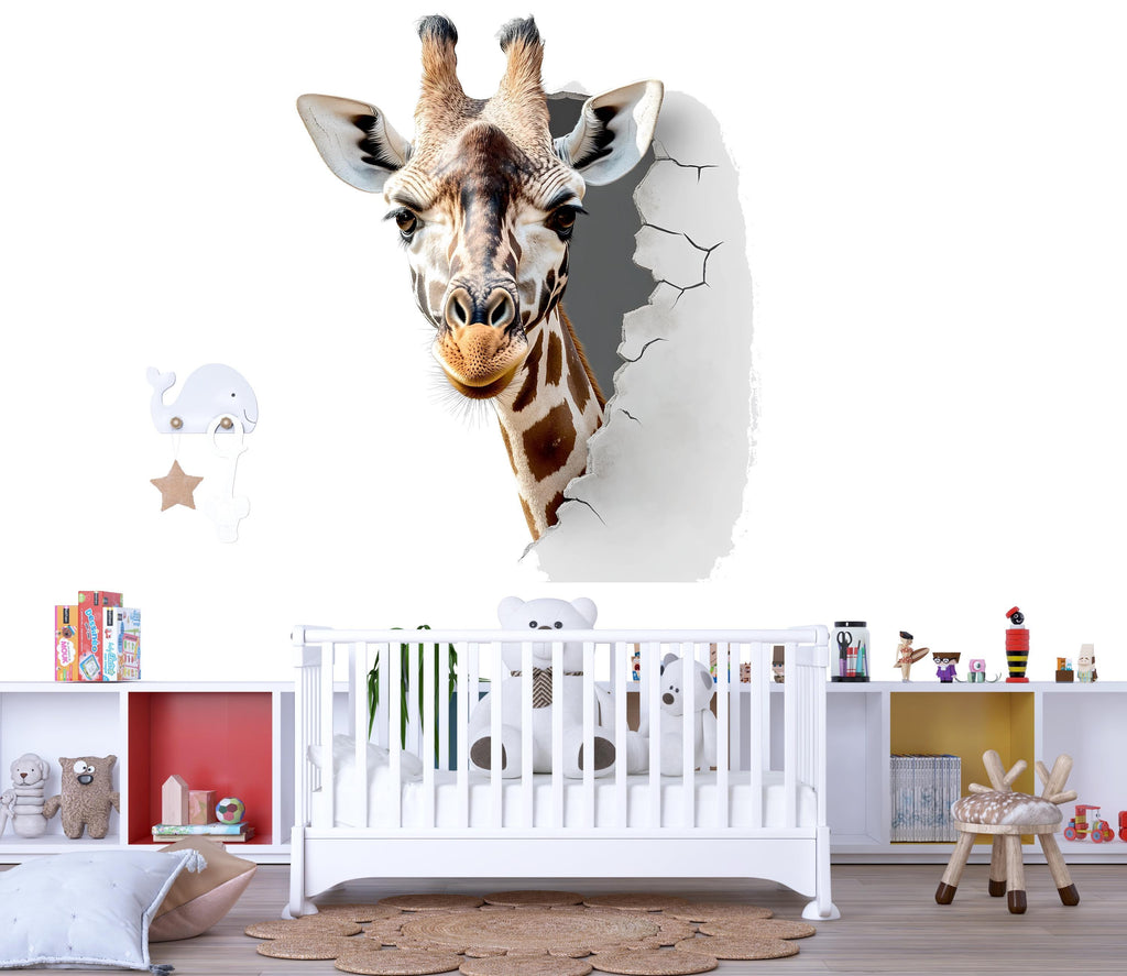 3D Giraffe Wall Decal • Kids Room Safari Wall Sticker • Realistic Breakthrough Animal Mural • Nursery Jungle Decor • Peel & Stick Removable