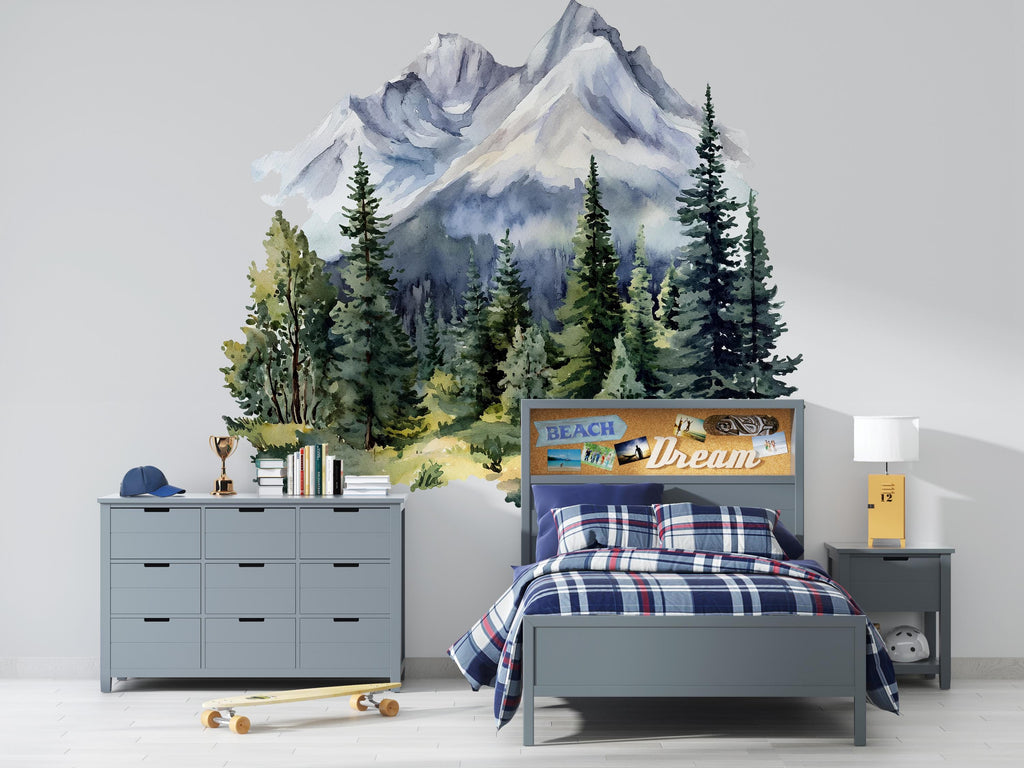 Mountain Forest Wall Decal • Watercolor Pine Tree Mural Sticker • Nature Kids Room Decor • Adventure Nursery Peel & Stick Wall Art