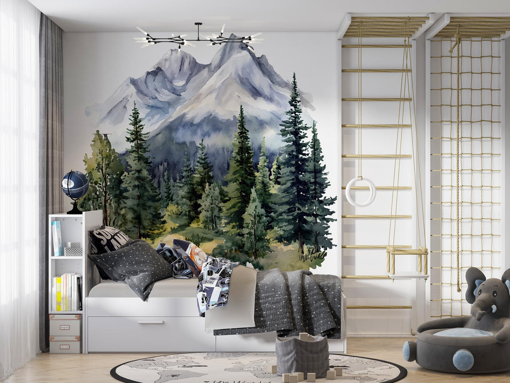 Mountain Forest Wall Decal • Watercolor Pine Tree Mural Sticker • Nature Kids Room Decor • Adventure Nursery Peel & Stick Wall Art