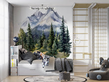 Load image into Gallery viewer, Mountain Forest Wall Decal • Watercolor Pine Tree Mural Sticker • Nature Kids Room Decor • Adventure Nursery Peel &amp; Stick Wall Art