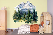 Load image into Gallery viewer, Mountain Forest Wall Decal • Watercolor Pine Tree Mural Sticker • Nature Kids Room Decor • Adventure Nursery Peel &amp; Stick Wall Art