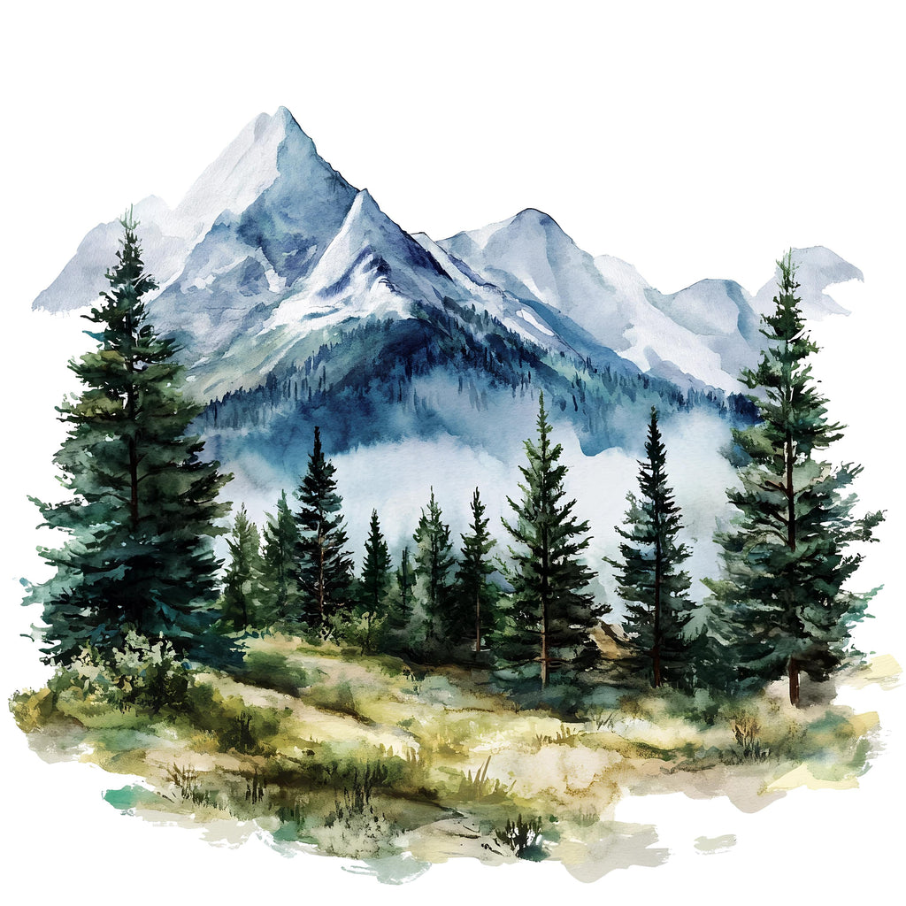 Mountain Forest Wall Decal • Watercolor Pine Tree Mural Sticker • Kids Room Nature Decor • Adventure Nursery Peel & Stick Wall Art