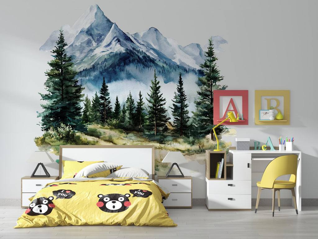 Mountain Forest Wall Decal • Watercolor Pine Tree Mural Sticker • Kids Room Nature Decor • Adventure Nursery Peel & Stick Wall Art