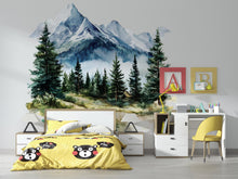 Load image into Gallery viewer, Mountain Forest Wall Decal • Watercolor Pine Tree Mural Sticker • Kids Room Nature Decor • Adventure Nursery Peel &amp; Stick Wall Art