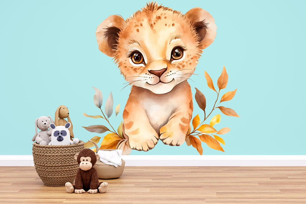 Baby Lion Cub Wall Decal • Safari Nursery Wall Sticker • Cute Jungle Animal Decor • Peel & Stick Kids Room Mural • Gender Neutral Room Art