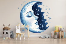 Load image into Gallery viewer, Moon Face Wall Decal • Celestial Nursery Wall Sticker, Moon And Stars Kids Room Decor, Peel &amp; Stick Night Sky Mural • Gender Neutral Nursery