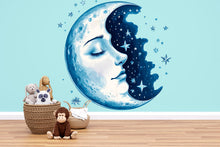 Load image into Gallery viewer, Moon Face Wall Decal • Celestial Nursery Wall Sticker, Moon And Stars Kids Room Decor, Peel &amp; Stick Night Sky Mural • Gender Neutral Nursery