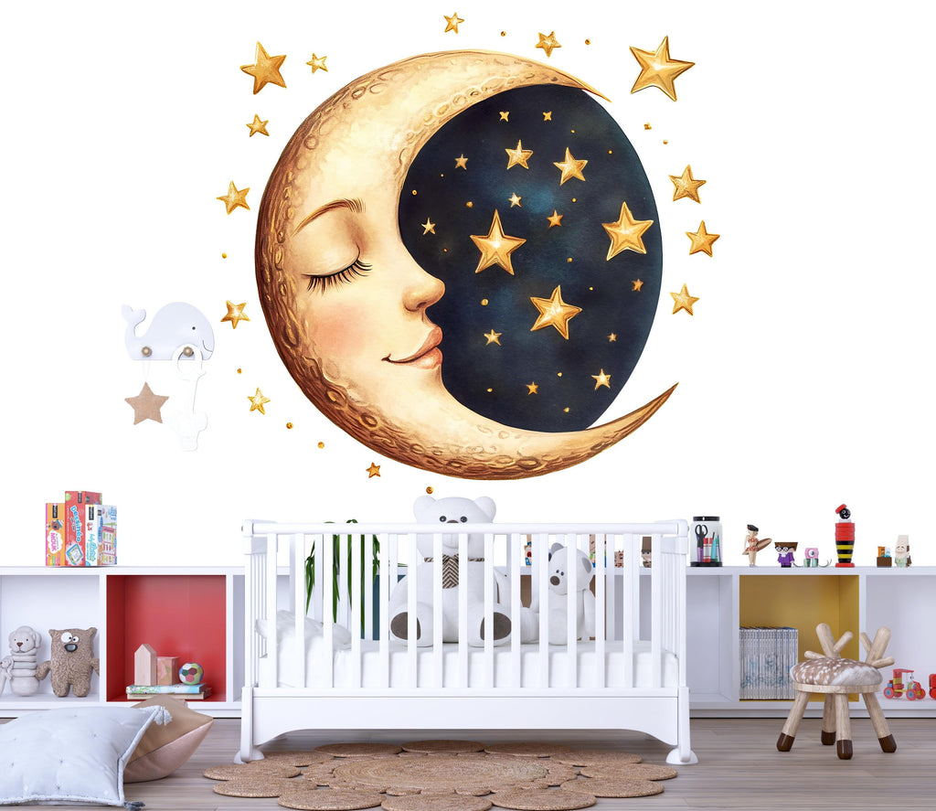 Golden Moon Face Wall Decal • Nursery Moon & Stars Wall Sticker • Celestial Kids Room Decor • Peel and Stick Moon Mural • Baby Room Wall Art