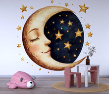 Load image into Gallery viewer, Golden Moon Face Wall Decal • Nursery Moon &amp; Stars Wall Sticker • Celestial Kids Room Decor • Peel and Stick Moon Mural • Baby Room Wall Art