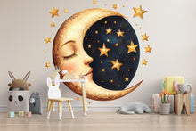 Load image into Gallery viewer, Golden Moon Face Wall Decal • Nursery Moon &amp; Stars Wall Sticker • Celestial Kids Room Decor • Peel and Stick Moon Mural • Baby Room Wall Art