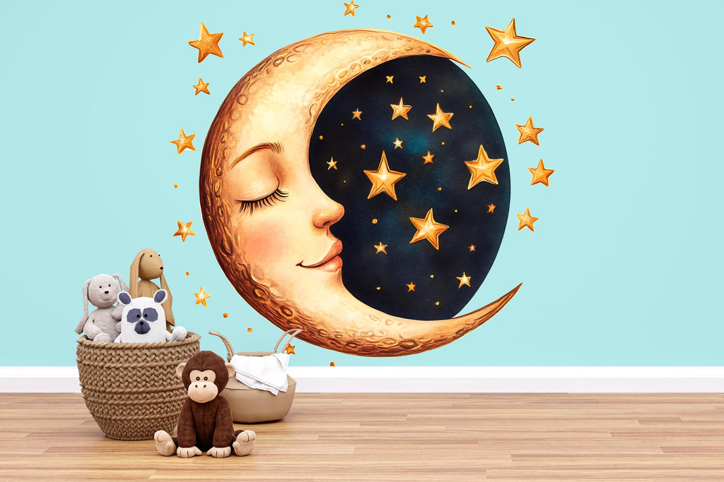 Golden Moon Face Wall Decal • Nursery Moon & Stars Wall Sticker • Celestial Kids Room Decor • Peel and Stick Moon Mural • Baby Room Wall Art