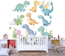 Load image into Gallery viewer, Cute Dinosaur Wall Decal for Kids • Dino Nursery Wall Stickers • Boys Room Decor • Peel &amp; Stick Dino Mural • Playroom Wall Art • Removable