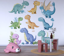 Load image into Gallery viewer, Cute Dinosaur Wall Decal for Kids • Dino Nursery Wall Stickers • Boys Room Decor • Peel &amp; Stick Dino Mural • Playroom Wall Art • Removable