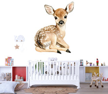 Load image into Gallery viewer, Baby Deer Wall Decal • Watercolor Fawn Nursery Sticker • Woodland Nursery Wall Decor • Peel &amp; Stick Mural • Kids Room Animal Art • Removable