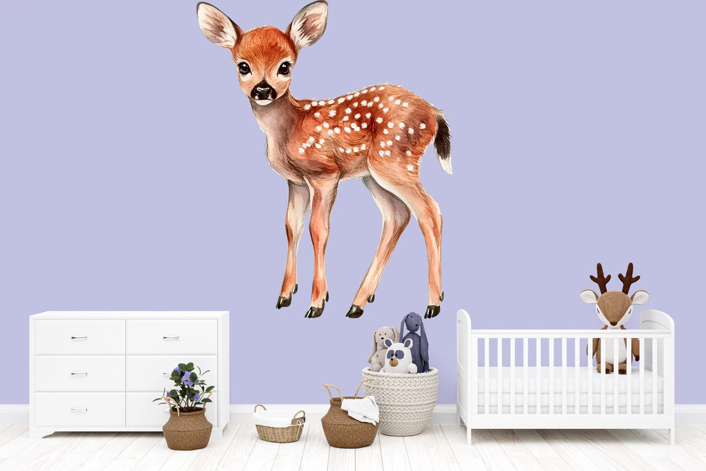 Standing Baby Deer Wall Decal • Watercolor Fawn Nursery Sticker • Woodland Animal Wall Art • Peel & Stick Nursery Decor • Kids Room Woodland