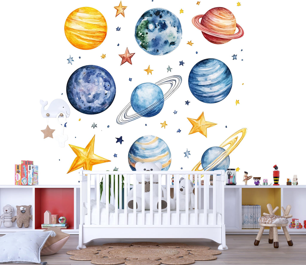 Planets Wall Decal Set • Space Nursery Wall Stickers • Kids Room Galaxy Decor • Solar System Peel & Stick Mural • Space Theme Wall Art
