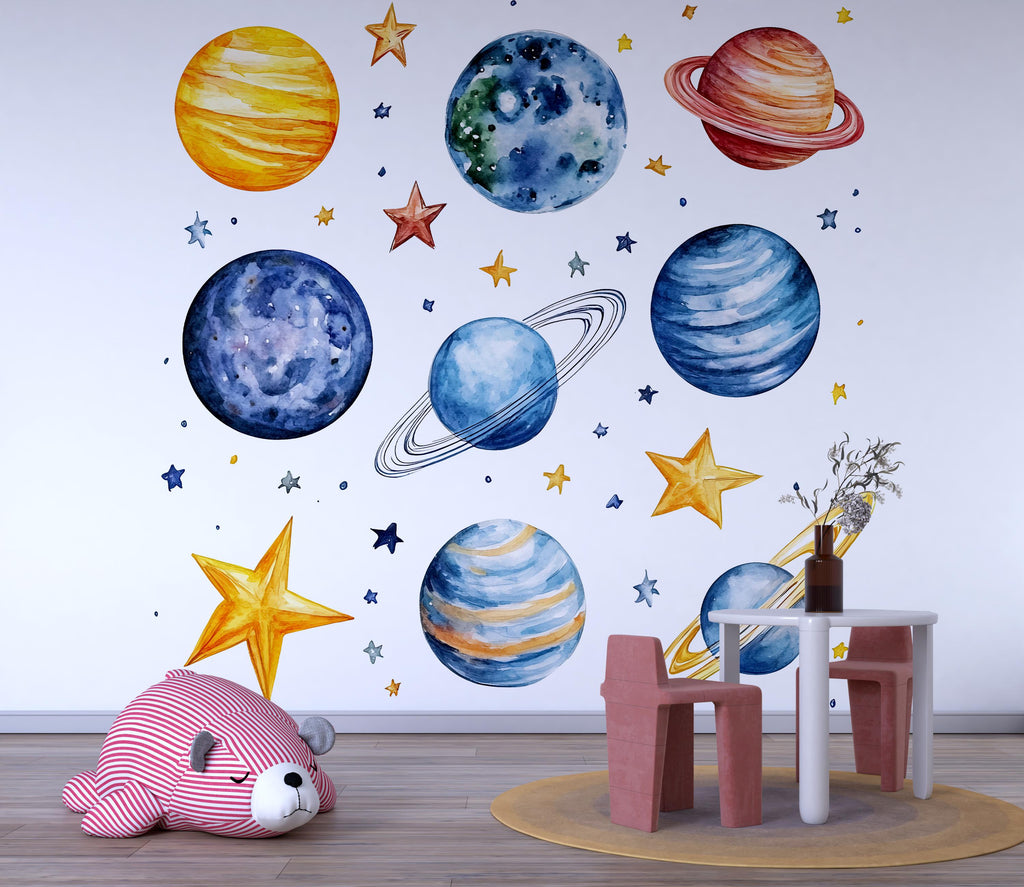 Planets Wall Decal Set • Space Nursery Wall Stickers • Kids Room Galaxy Decor • Solar System Peel & Stick Mural • Space Theme Wall Art