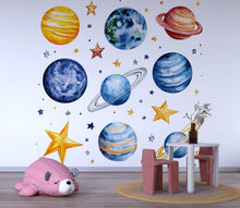 Load image into Gallery viewer, Planets Wall Decal Set • Space Nursery Wall Stickers • Kids Room Galaxy Decor • Solar System Peel &amp; Stick Mural • Space Theme Wall Art