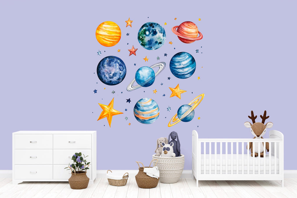 Planets Wall Decal Set • Space Nursery Wall Stickers • Kids Room Galaxy Decor • Solar System Peel & Stick Mural • Space Theme Wall Art