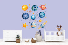 Load image into Gallery viewer, Planets Wall Decal Set • Space Nursery Wall Stickers • Kids Room Galaxy Decor • Solar System Peel &amp; Stick Mural • Space Theme Wall Art