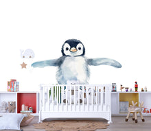 Load image into Gallery viewer, Cute Baby Penguin Wall Decal • Watercolor Nursery Wall Sticker • Kids Room Arctic Animal Decor • Peel &amp; Stick Ocean Theme Mural • Baby