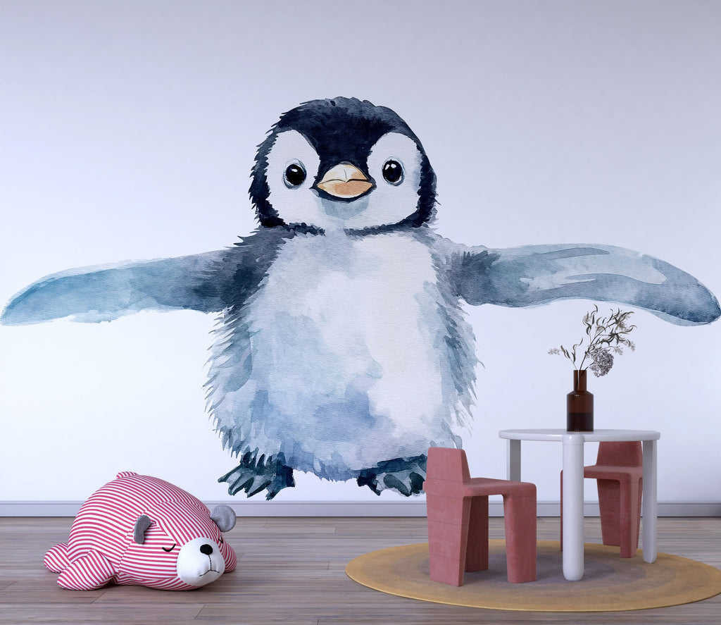Cute Baby Penguin Wall Decal • Watercolor Nursery Wall Sticker • Kids Room Arctic Animal Decor • Peel & Stick Ocean Theme Mural • Baby