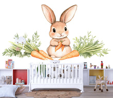 Load image into Gallery viewer, Watercolor Bunny Wall Decal • Cute Rabbit Nursery Wall Stickers • Baby Room Animal Decor • Carrot Bunny Peel &amp; Stick Mural • Kids Playroom