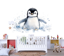 Load image into Gallery viewer, Watercolor Penguin Wall Decal • Giant Baby Penguin Nursery Sticker • Kids Room Arctic Animal Decor • Peel &amp; Stick Mural • Playroom Wall Art