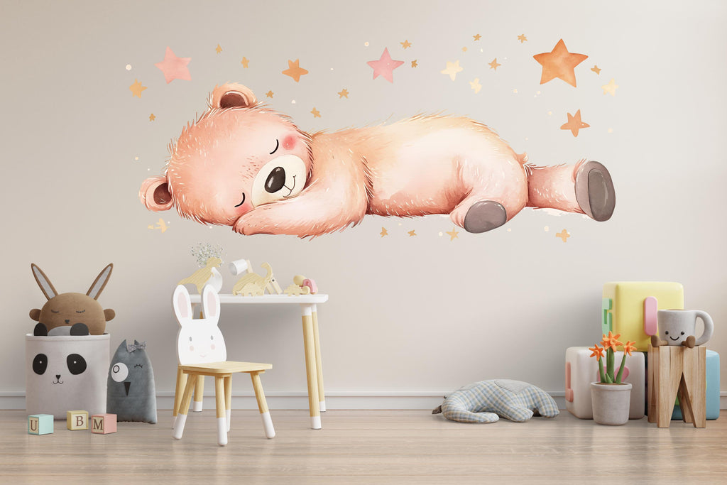 Sleeping Bear Wall Decal • Cute Nursery Bear Sticker • Pastel Kids Room Decor • Baby Room Animal Mural • Peel & Stick Wall Art
