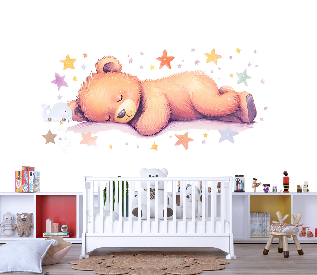 Sleeping Bear Wall Decal • Nursery Bear Sticker • Watercolor Baby Room Decor • Cute Animal Wall Art • Kids Room Mural • Pastel Stars Nursery